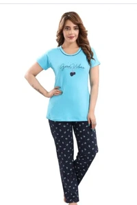 Neha Collection  Women's Printed Half Sleeves T-shirt And Pajama Stylish Night Suit - Malibu, L