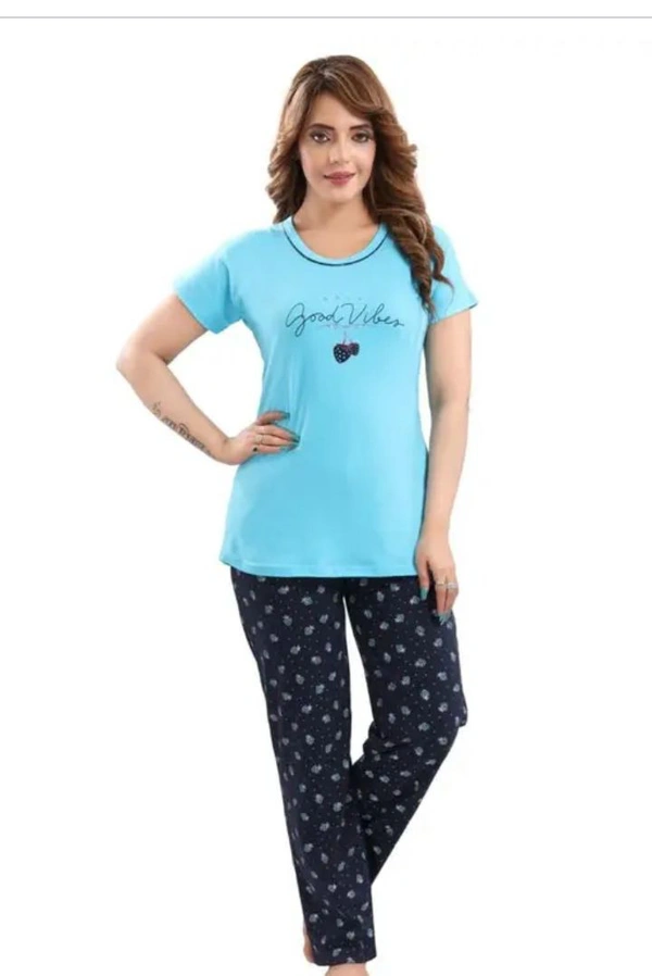 Neha Collection  Women's Printed Half Sleeves T-shirt And Pajama Stylish Night Suit - Malibu, XL