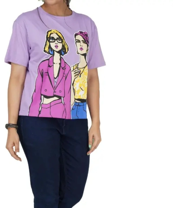 Neha Collection Trendy Feminine Printed Crop Round Neck Tshirt - Lavendar, XL