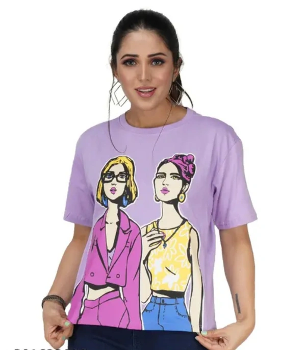 Neha Collection Trendy Feminine Printed Crop Round Neck Tshirt - Lavendar, XL