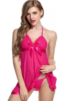 Neha Collection Women Babydoll With Lingerie Set Nightdress - Pink, L