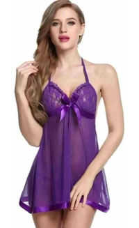 Neha Collection Women Babydoll With Lingerie Set Nightdress - Purple, M