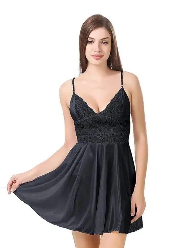 Neha Collection Women Solid Satin Babydoll Nightdress - Black, L