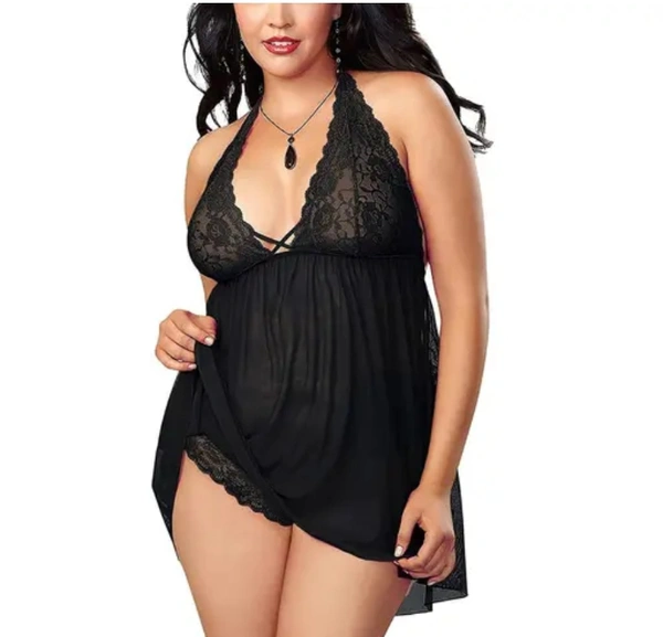 Neha Collection Women's Self Design Net BabyDoll Nightdress - Black, M