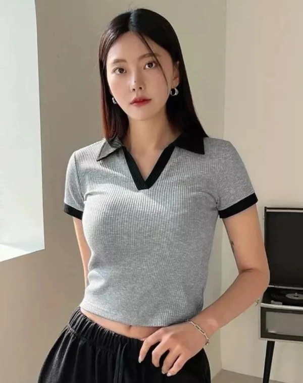 Neha Collection Women Crop Collar T-shirt - Gray, XS