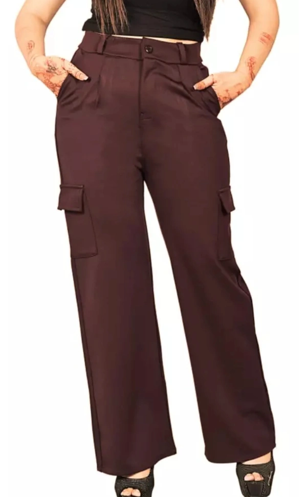 Neha Collection Women Premium Cotton Wide Leg 4 Pocket Cargo Trouser - Brown, 32