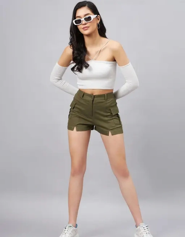 Neha Collection Women Olive Mini Shorts With Front Slits - Olive, XS