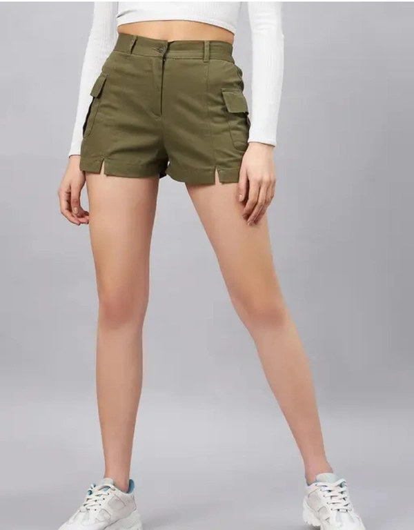Neha Collection Women Olive Mini Shorts With Front Slits - Olive, XS