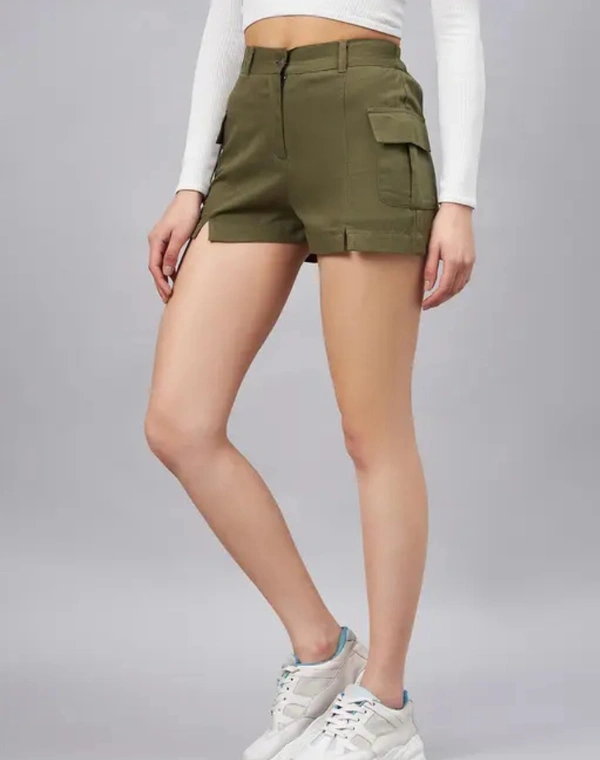 Neha Collection Women Olive Mini Shorts With Front Slits - Olive, XS