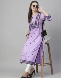 Neha Collection Women Chikan Embroidery Cotton Blend A-line Kurta - Purple, M