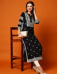 Neha Collection Women Chikan Embroidery Cotton Blend A-line Kurta - Black, XL