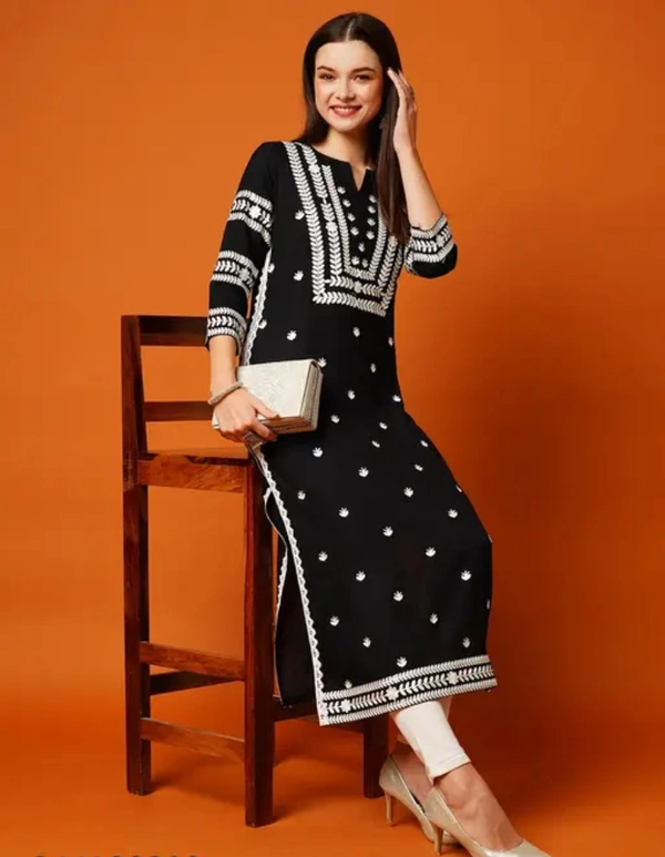 Neha Collection Women Chikan Embroidery Cotton Blend A-line Kurta - Black, XL
