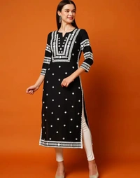 Neha Collection Women Chikan Embroidery Cotton Blend A-line Kurta - Black, XXL