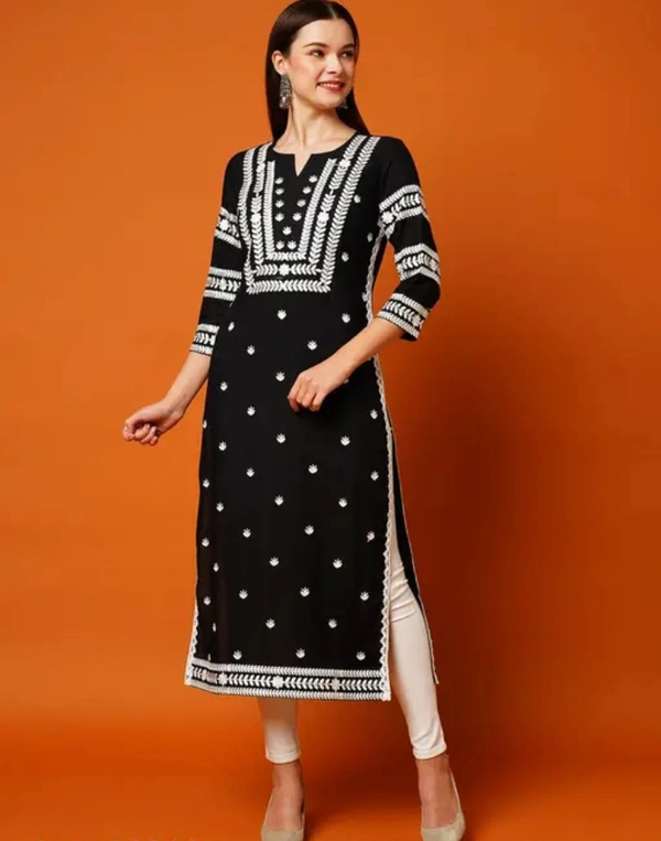 Neha Collection Women Chikan Embroidery Cotton Blend A-line Kurta - Black, XXL