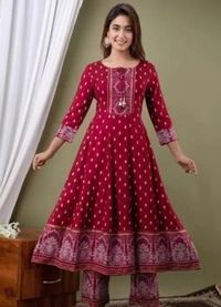 Neha Collection Women Rayon Printed Anarkali Kurti With Pant And Dupatta Set - Maroon, L