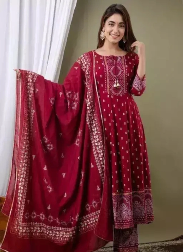 Neha Collection Women Rayon Printed Anarkali Kurti With Pant And Dupatta Set - Maroon, XXL