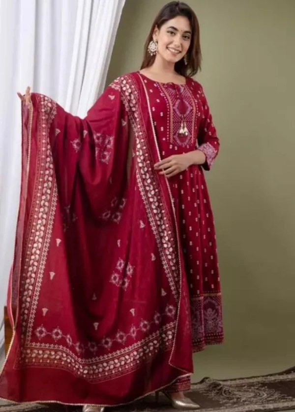 Neha Collection Women Rayon Printed Anarkali Kurti With Pant And Dupatta Set - Maroon, XXL