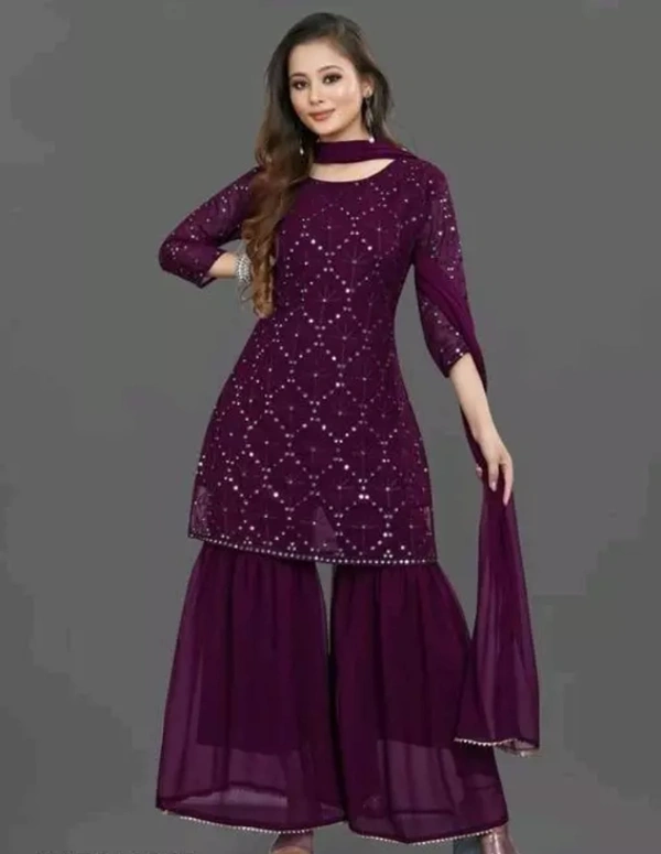 Neha Collection Women Georgette Sequence Work Kurta Solid Sharara With Dupatta Set - Purple, XL
