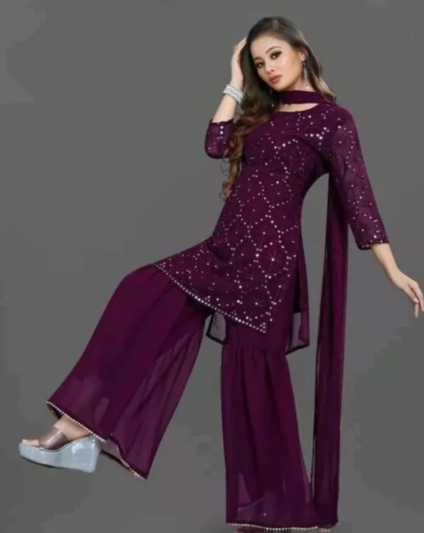 Neha Collection Women Georgette Sequence Work Kurta Solid Sharara With Dupatta Set - Purple, XL