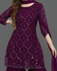 Neha Collection Women Georgette Sequence Work Kurta Solid Sharara With Dupatta Set - Purple, 4XL