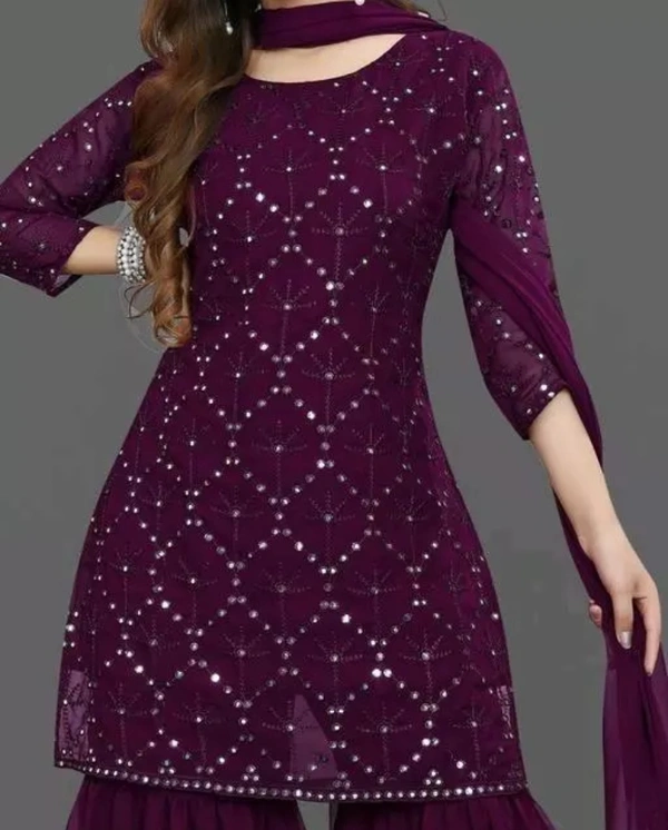 Neha Collection Women Georgette Sequence Work Kurta Solid Sharara With Dupatta Set - Purple, 4XL