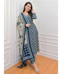 Neha Collection Women Embroidey Straight Kurta And Afghani Pant Set With Dupatta Set - Blue, XL