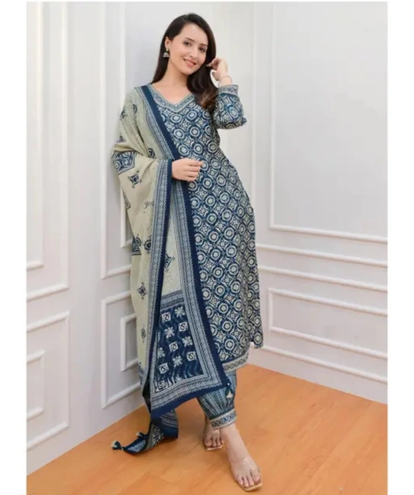 Neha Collection Women Embroidey Straight Kurta And Afghani Pant Set With Dupatta Set - Blue, XL