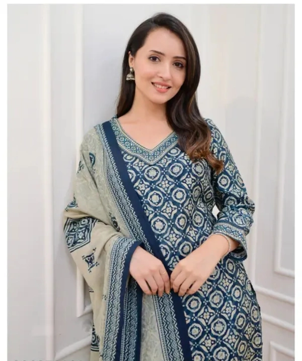 Neha Collection Women Embroidey Straight Kurta And Afghani Pant Set With Dupatta Set - Blue, XL