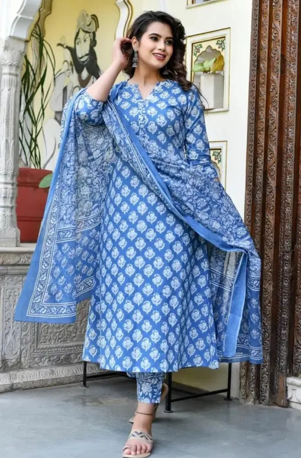 Neha Collection Women Printed Kurta And Pant Set With Dupatta - Blue, L