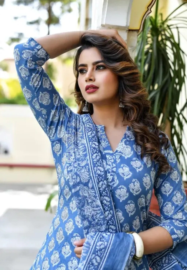 Neha Collection Women Printed Kurta And Pant Set With Dupatta - Blue, L