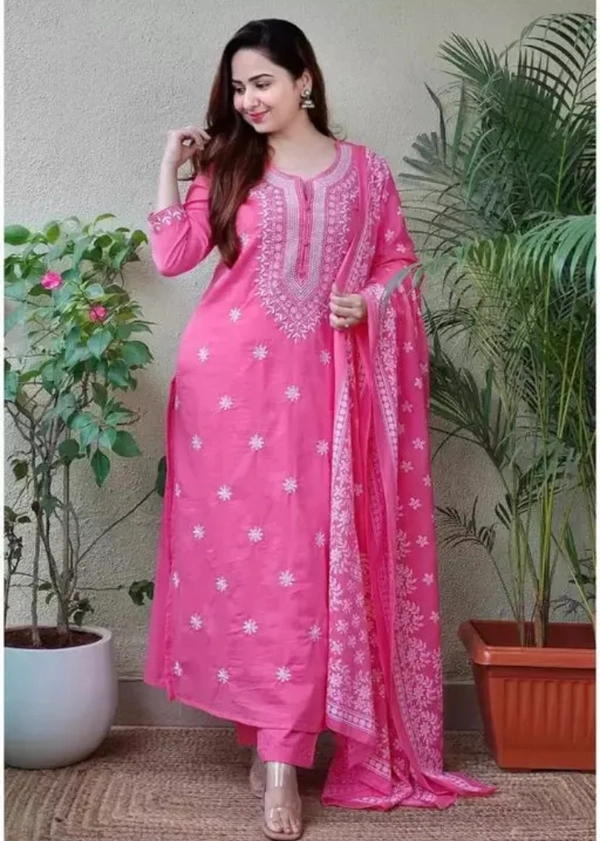 Neha Collection Women Rayon Viscose Embroidery Kurti Dupatta Sets - Pink, M