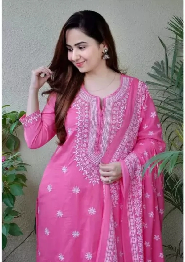 Neha Collection Women Rayon Viscose Embroidery Kurti Dupatta Sets - Pink, M