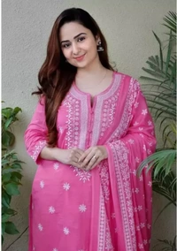 Neha Collection Women Rayon Viscose Embroidery Kurti Dupatta Sets - Pink, M