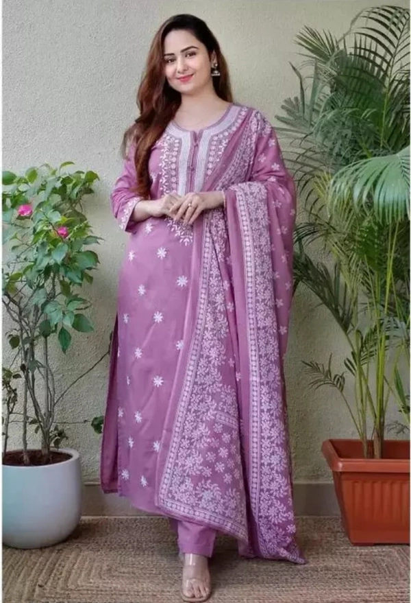 Neha Collection Women Rayon Viscose Embroidery Kurti Dupatta Sets - Lavender Rose, S