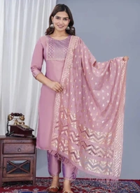 Neha Collection silk Embroidery Straight Kurta With Pant & Dupatta Sets - Peach colour, S