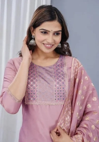 Neha Collection silk Embroidery Straight Kurta With Pant & Dupatta Sets - Peach colour, L