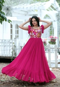 Neha Collection Women Pink Faux Georgette With Sequence Embroidery Gown - Pink, XL