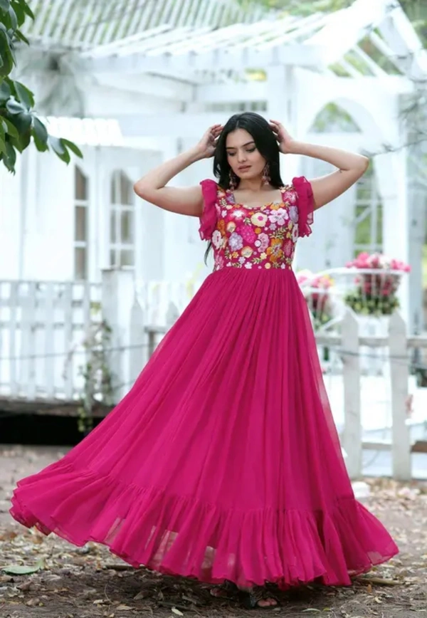 Neha Collection Women Pink Faux Georgette With Sequence Embroidery Gown - Pink, XL