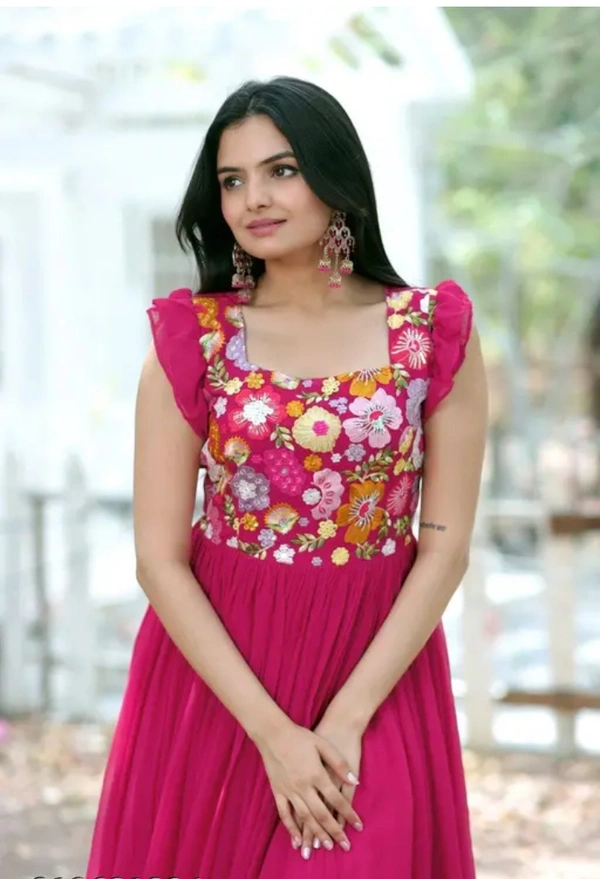 Neha Collection Women Pink Faux Georgette With Sequence Embroidery Gown - Pink, XL