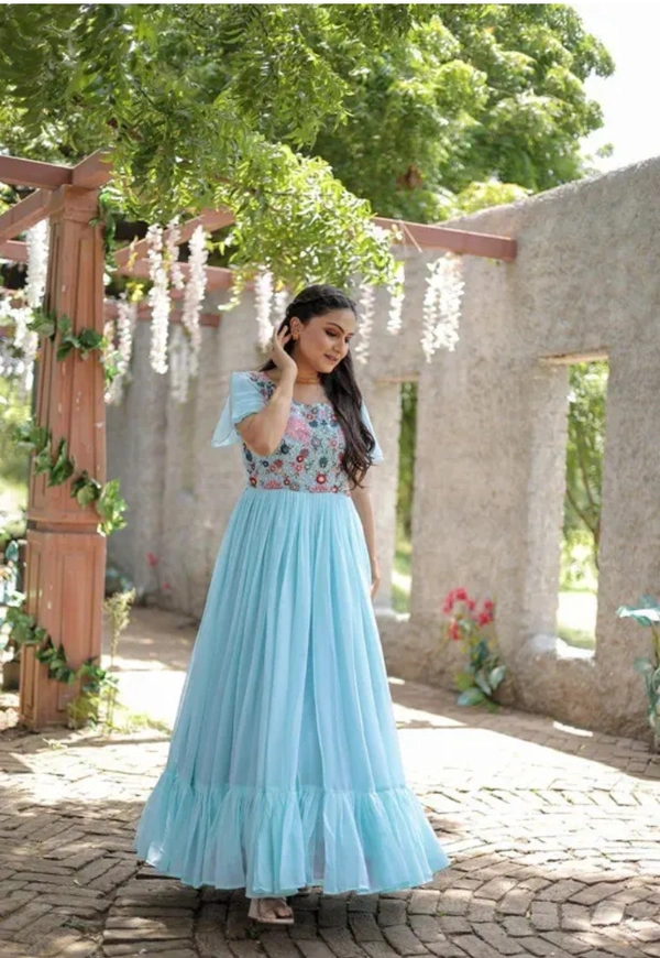 Neha Collection Women Georgette With Sequins Multithread Embroidery Gown - Aqua Blue, XXL