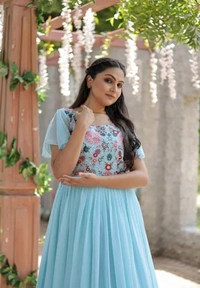 Neha Collection Women Georgette With Sequins Multithread Embroidery Gown - Aqua Blue, XXL
