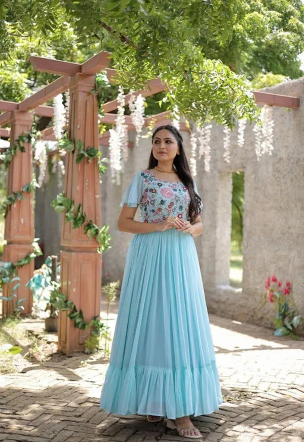 Neha Collection Women Georgette With Sequins Multithread Embroidery Gown - Aqua Blue, XXL