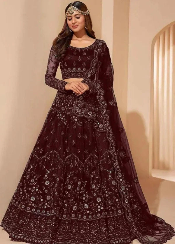 Neha Collection Trendy Fancy Tollywood Net Lehenga Choli Set - Maroon, Free Size