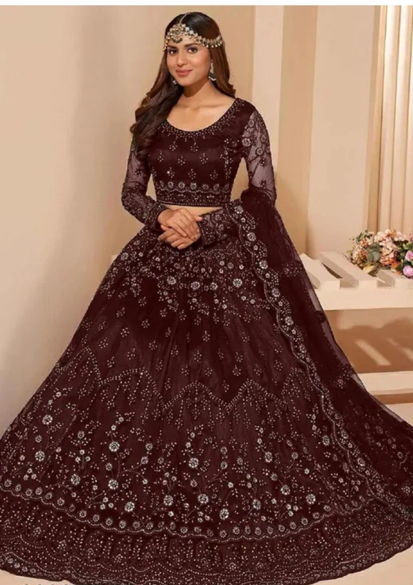Neha Collection Trendy Fancy Tollywood Net Lehenga Choli Set - Maroon, Free Size