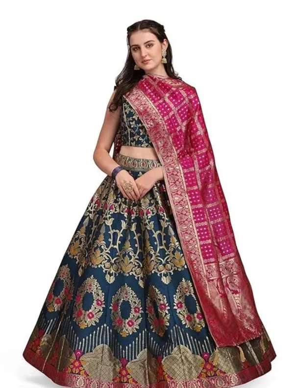 Neha Collection Women Banarasi Lehenga, Traditional Weaves Lehenga Choli Sets - Green, Free Size