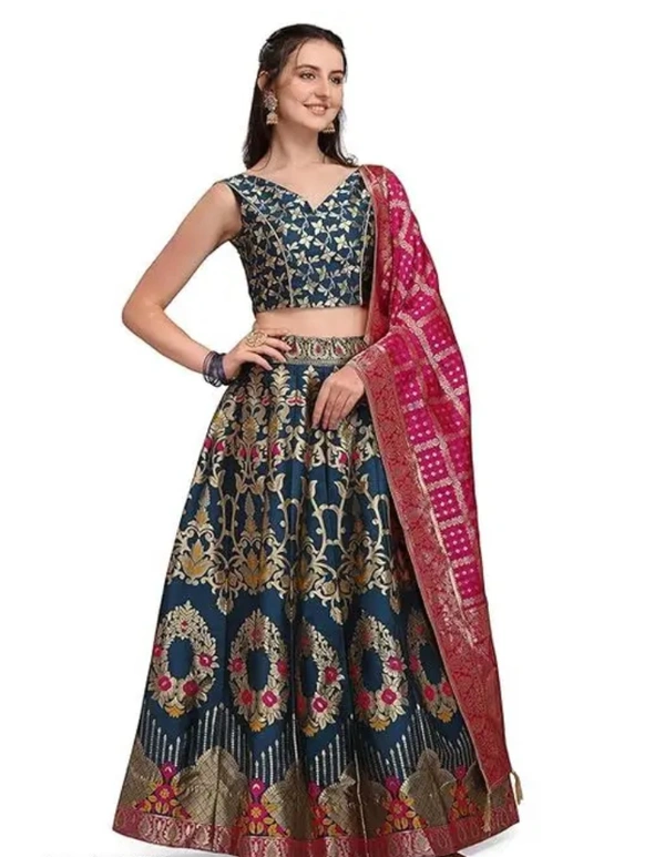 Neha Collection Women Banarasi Lehenga, Traditional Weaves Lehenga Choli Sets - Green, Free Size