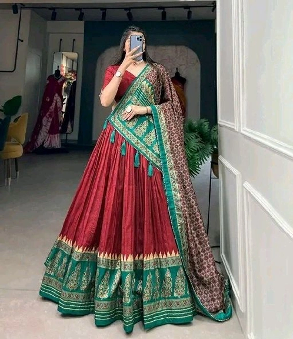 Tussar Silk With Patola Print And Foil Work Lehenga Choli - Free Size, Maroon