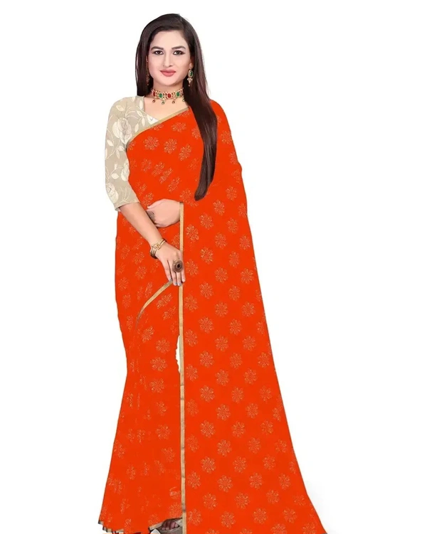 Neha Collection Chiffon Foil Print Sarees with Blouse Piece - Neon Carrot