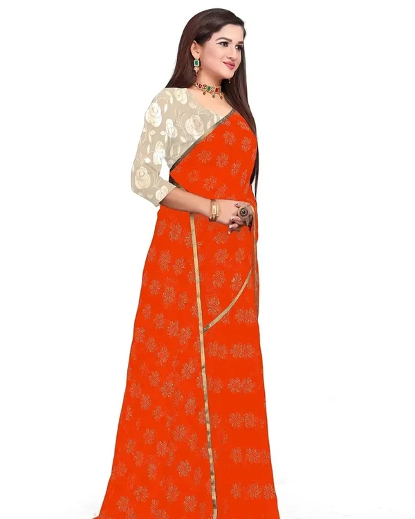 Neha Collection Chiffon Foil Print Sarees with Blouse Piece - Neon Carrot