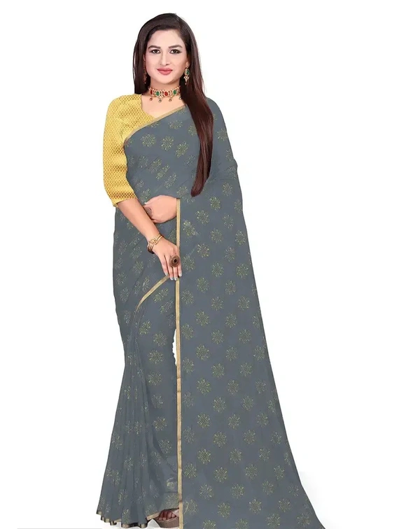 Neha Collection Chiffon Foil Print Sarees with Blouse Piece - Gray